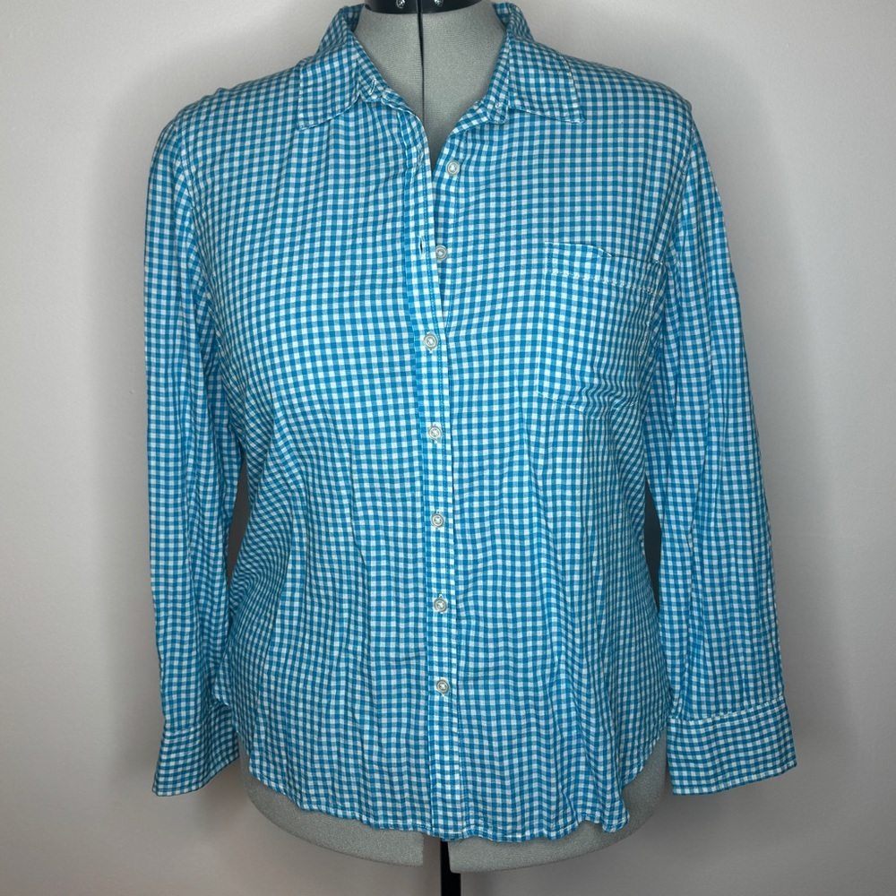 Blue Gingham Button-Up Shirt Ellen Tracy